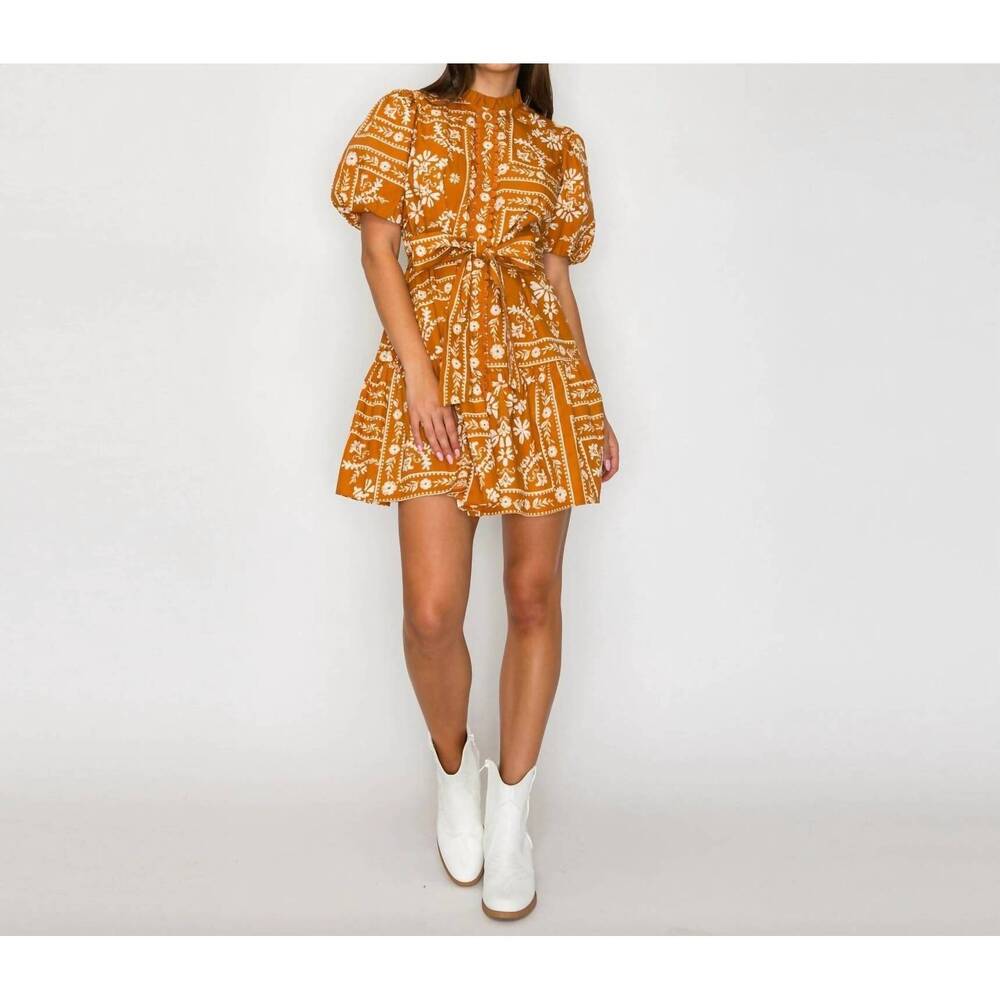 NEW LOVE WEDNESDAY carmen bandana print cotton mini dress in caramel